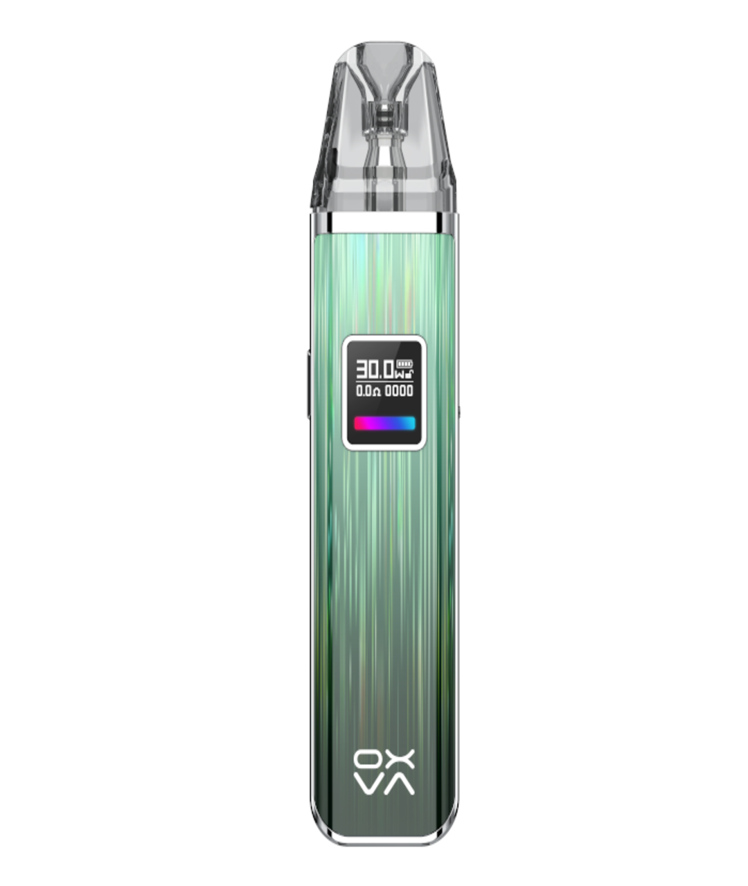 A Oxva Xlim Pro Pod Kit with a green metallic body, digital display showing a reading of 0.00 mg/l, and an adjustable airflow transparent mouthpiece.