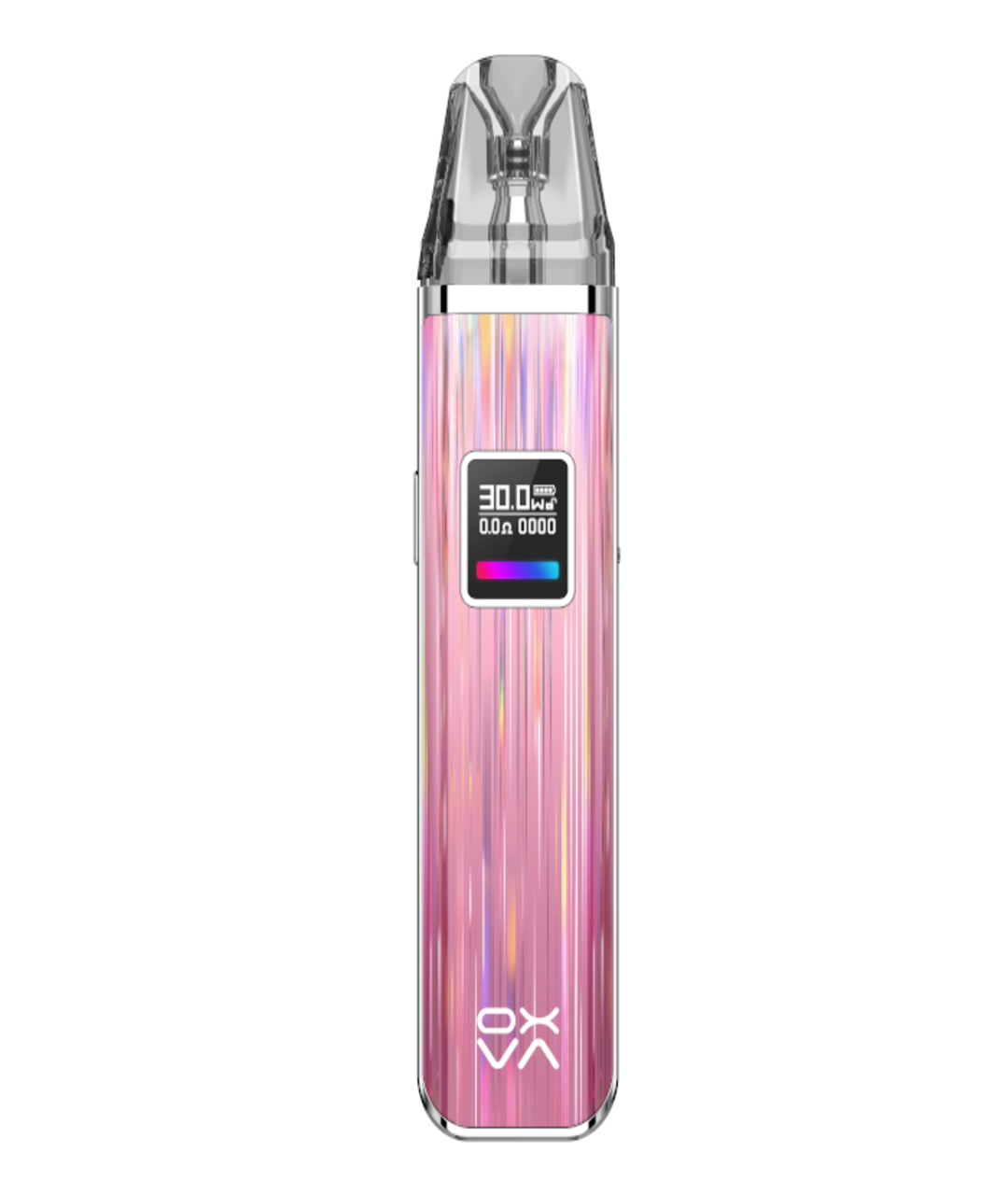 A Oxva Xlim Pro Pod Kit with a glossy pink and purple striped design, featuring a digital display showing battery level and usage statistics, and adjustable airflow.