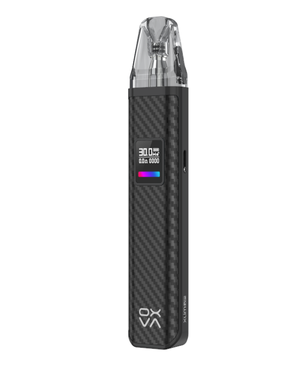 A black carbon fiber-patterned Oxva Xlim Pro Pod Kit with a transparent mouthpiece and a digital display showing battery level and settings.