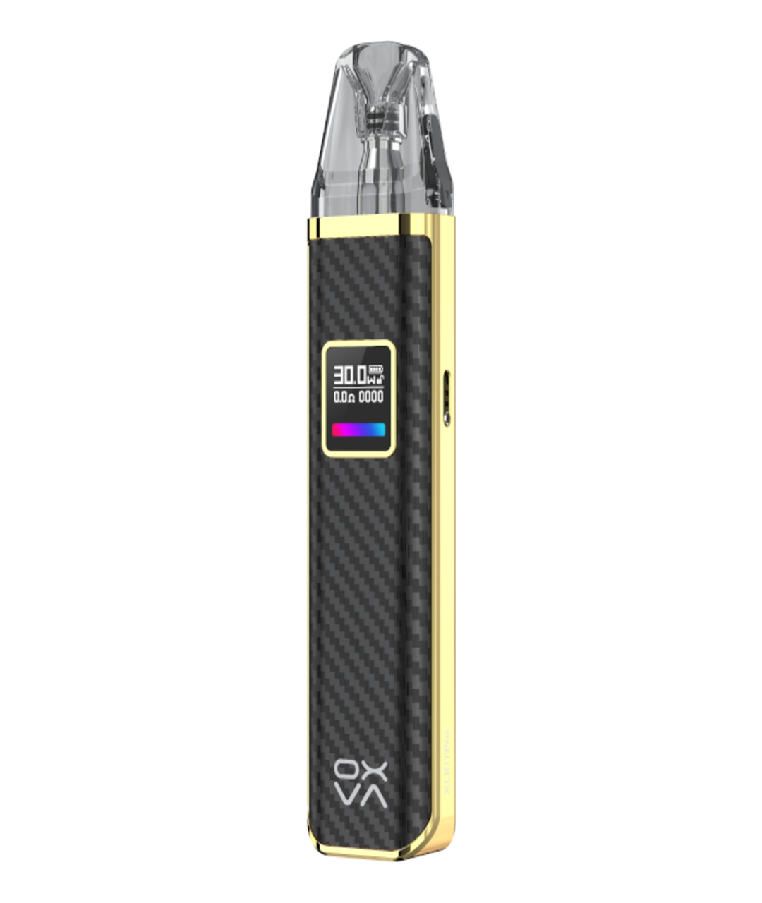 An Oxva Xlim Pro Pod Kit with a digital display showing voltage and puff count, featuring a carbon fiber design and gold-colored accents.