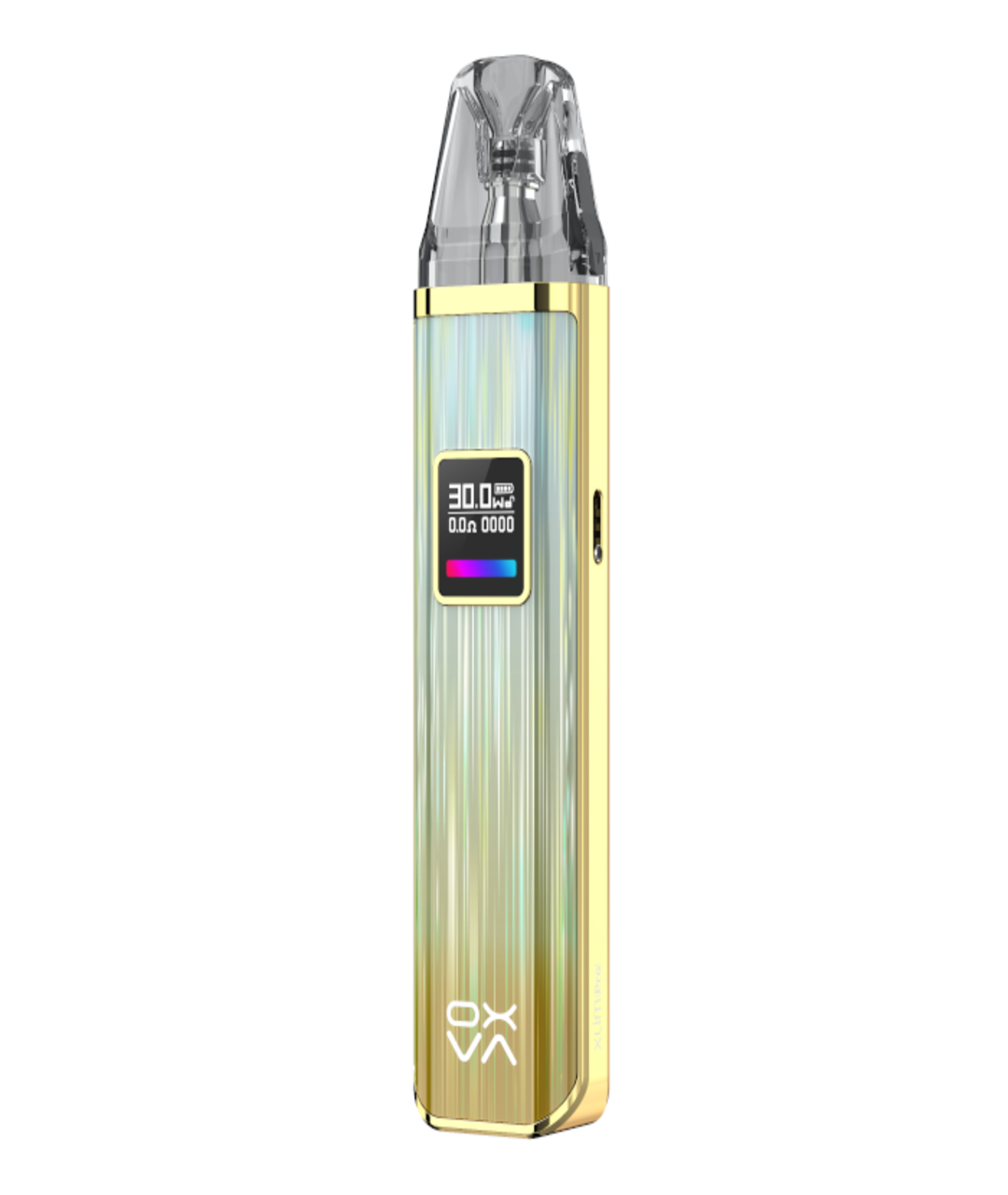 A Oxva Xlim Pro Pod Kit with a clear mouthpiece, displaying its settings on a digital screen, and featuring adjustable airflow, encased in a holographic and gold body.