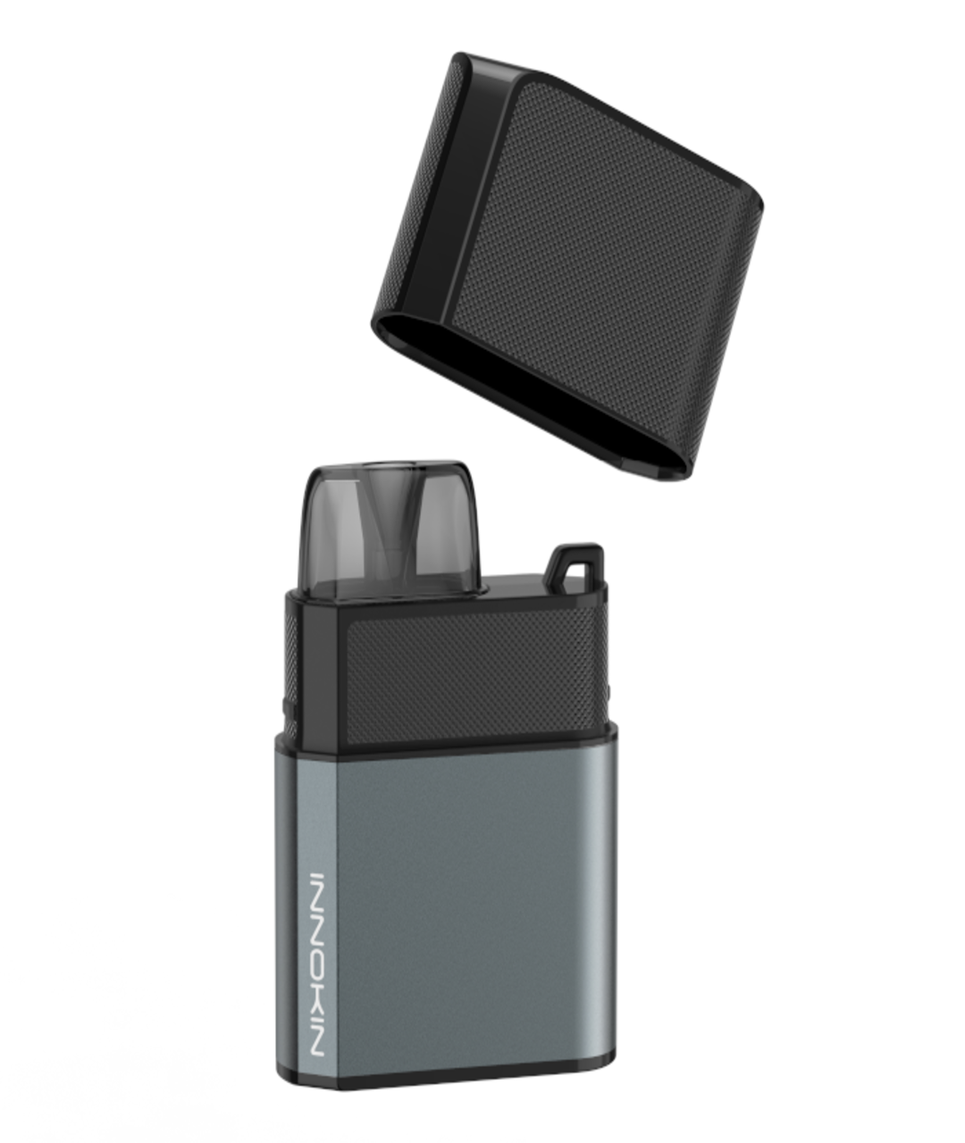 A modern, sleek, grey vape device with a removable black cap. The cap hovers above the Innokin Klypse Zip Kit, revealing a transparent mouthpiece. With its 650mAh battery and MTL vaping capability, the brand name "Innokin" is displayed vertically on the left side of the device.