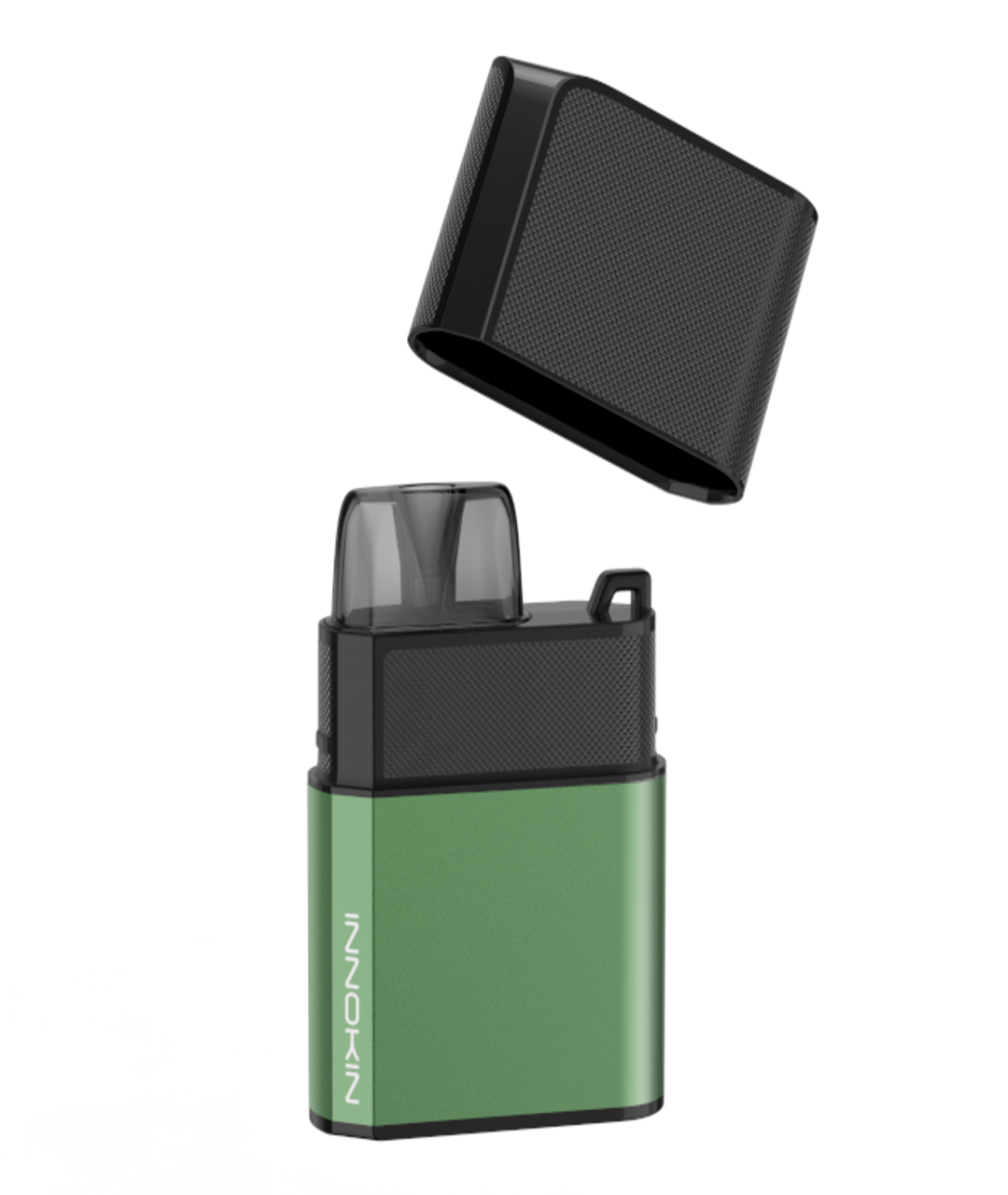 A sleek, green and black rectangular Innokin Klypse Zip Kit vaping device with the cap removed, revealing the mouthpiece. The device has the brand name "Innokin" written vertically on the side. Featuring a 650mAh battery, the cap appears to be textured and fits snugly on top of the device, ideal for MTL vaping.