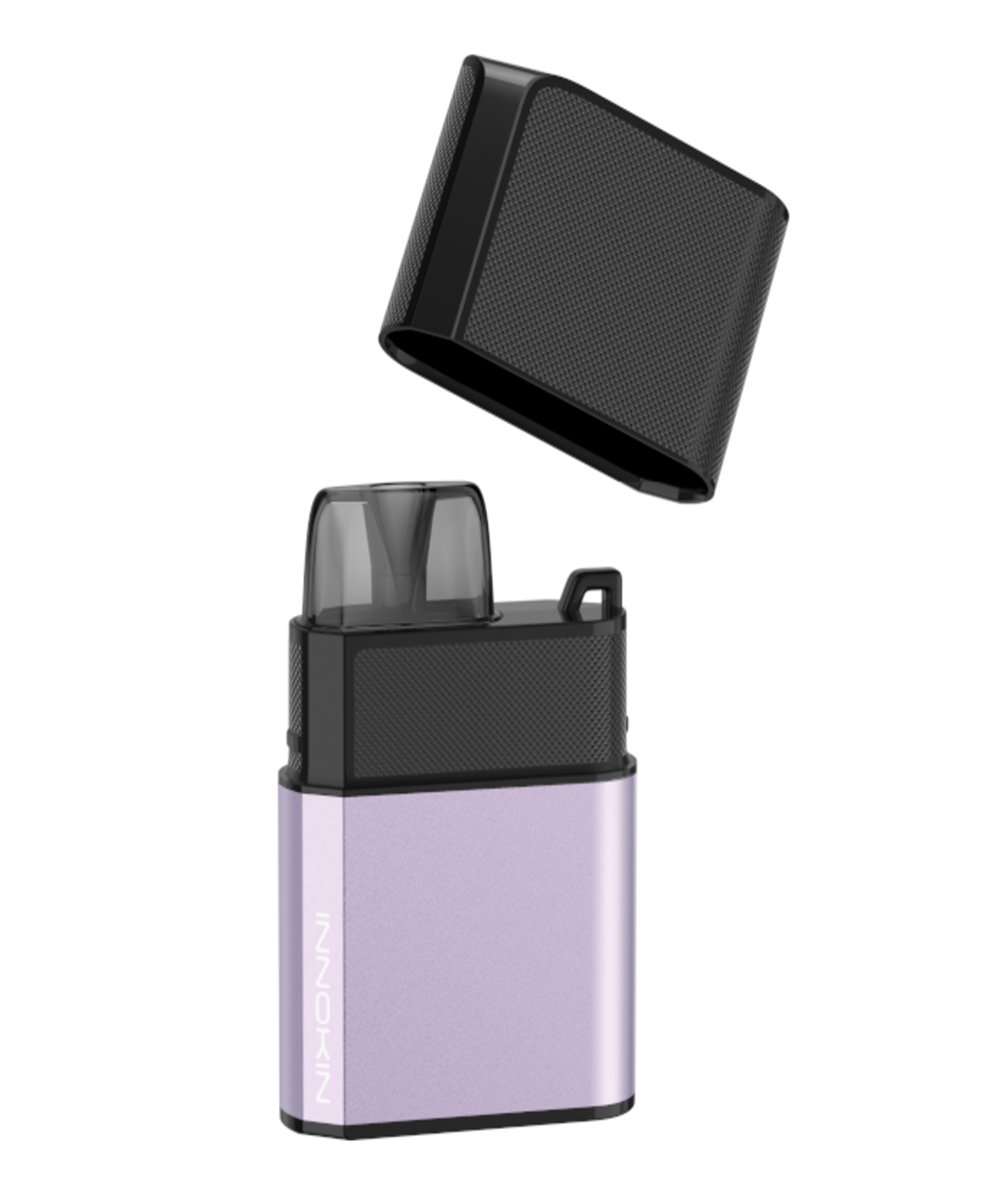 A compact, rectangular vaping device with a sleek, metallic finish in light purple. The Innokin Klypse Zip Kit features a removable black cap, shown lifted off in the image. Attached to the top is a small, transparent mouthpiece and it comes powered by a robust 650mAh battery perfect for MTL vaping.