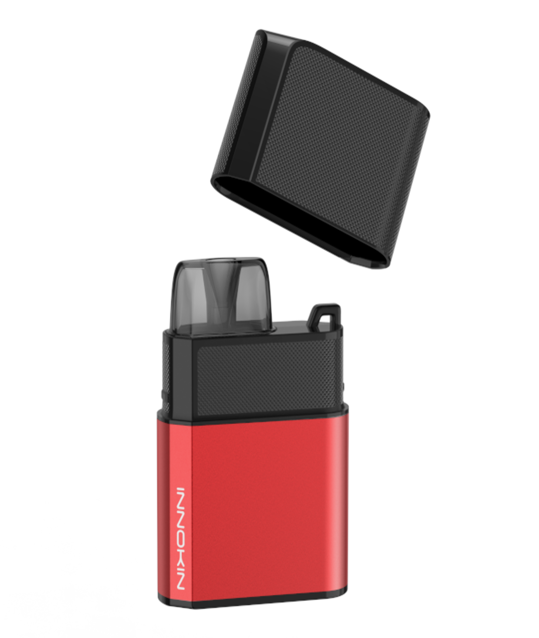 A red and black Innokin Klypse Zip Kit vape device with the brand name "Innokin" printed on the front. The device, powered by a 650mAh battery, has a detachable black lid, which is shown removed and placed above the main body, revealing the mouthpiece designed for MTL vaping.