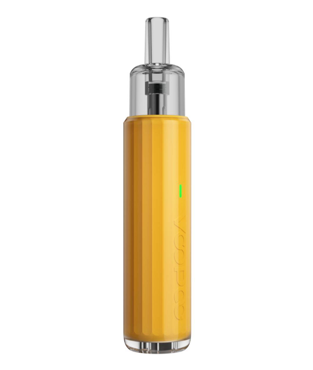 A yellow and silver Voopoo Doric Q Pod Kit with a clear tank and a green power indicator light, displayed against a white background, featuring a VooPoo ITO Cartridge.