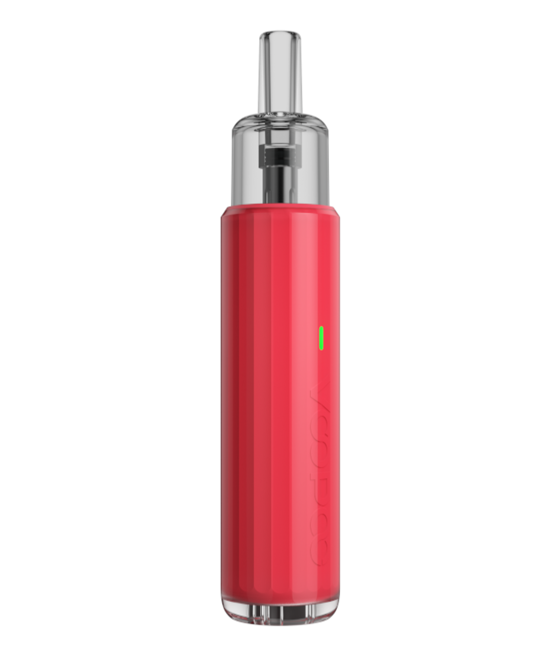 A sleek, metallic red Voopoo Doric Q Pod Kit rechargeable electronic cigarette with a clear mouthpiece and a visible green light indicator on the body.