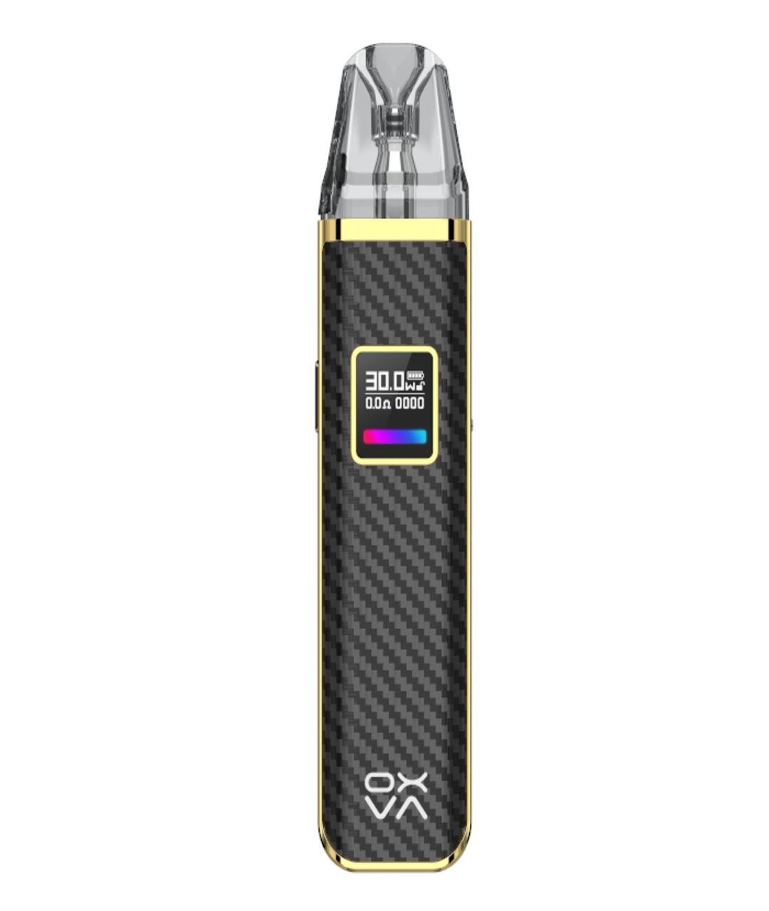 An electronic vaping device, the Oxva Xlim Pro Pod Kit, with a carbon fiber design and a digital display showing the wattage, resistance, and puff counter.