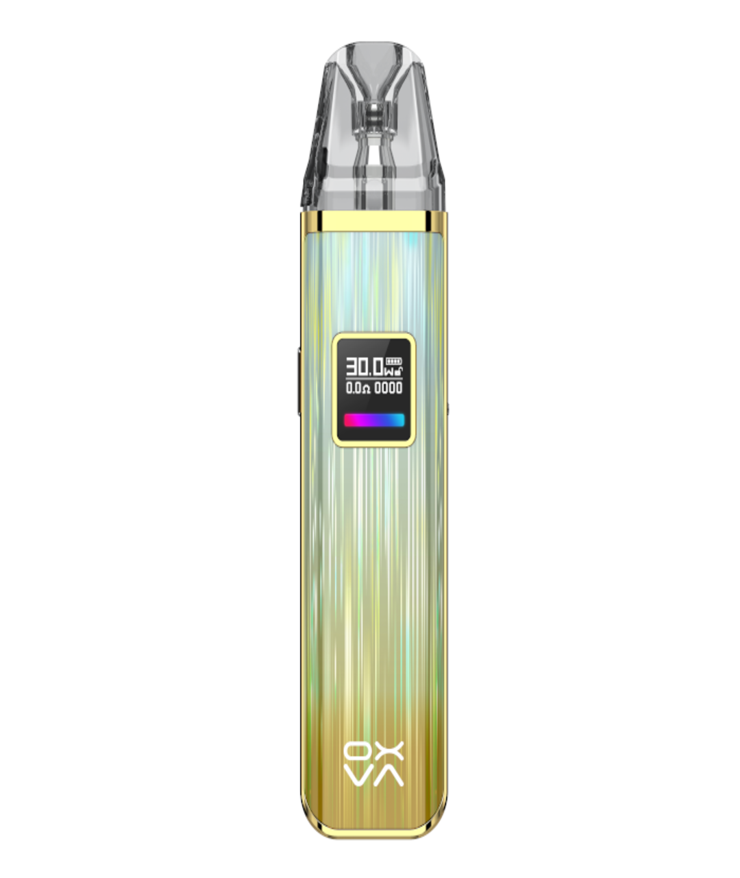 A Oxva Xlim Pro Pod Kit with a transparent mouthpiece, displaying numerical data on a screen, and featuring a gold-to-green gradient design on the body. This device includes adjustable airflow for customized vaping experiences.