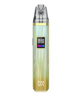 A Oxva Xlim Pro Pod Kit with a transparent mouthpiece, displaying numerical data on a screen, and featuring a gold-to-green gradient design on the body. This device includes adjustable airflow for customized vaping experiences.