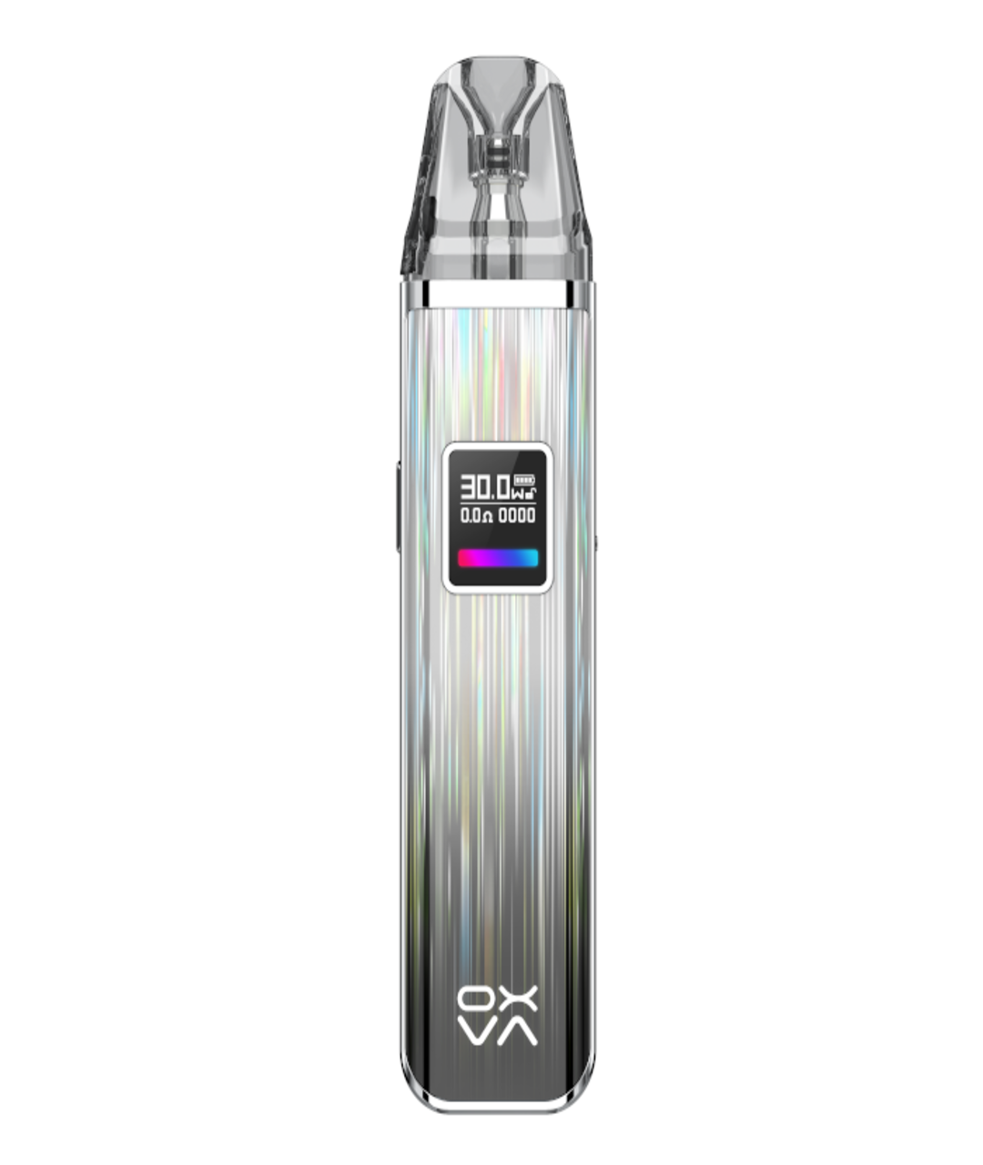 A sleek, modern Oxva Xlim Pro Pod Kit with a digital display showing battery life and wattage settings, designed for mouth-to-lung usage and encased in a shiny, holographic.