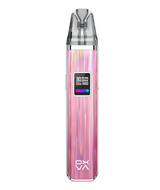 A Oxva Xlim Pro Pod Kit with a glossy pink and purple striped design, featuring a digital display showing battery level and usage statistics, and adjustable airflow.