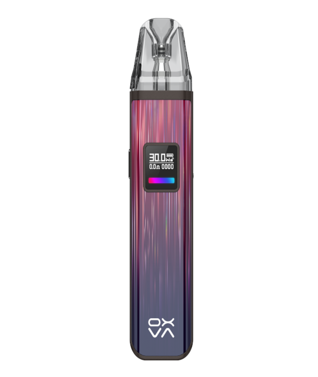 A Oxva Xlim Pro Pod Kit with a purple gradient design and a digital display showing battery level and other settings, featuring adjustable airflow.