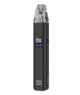 A black carbon fiber-patterned Oxva Xlim Pro Pod Kit with a transparent mouthpiece and a digital display showing battery level and settings.