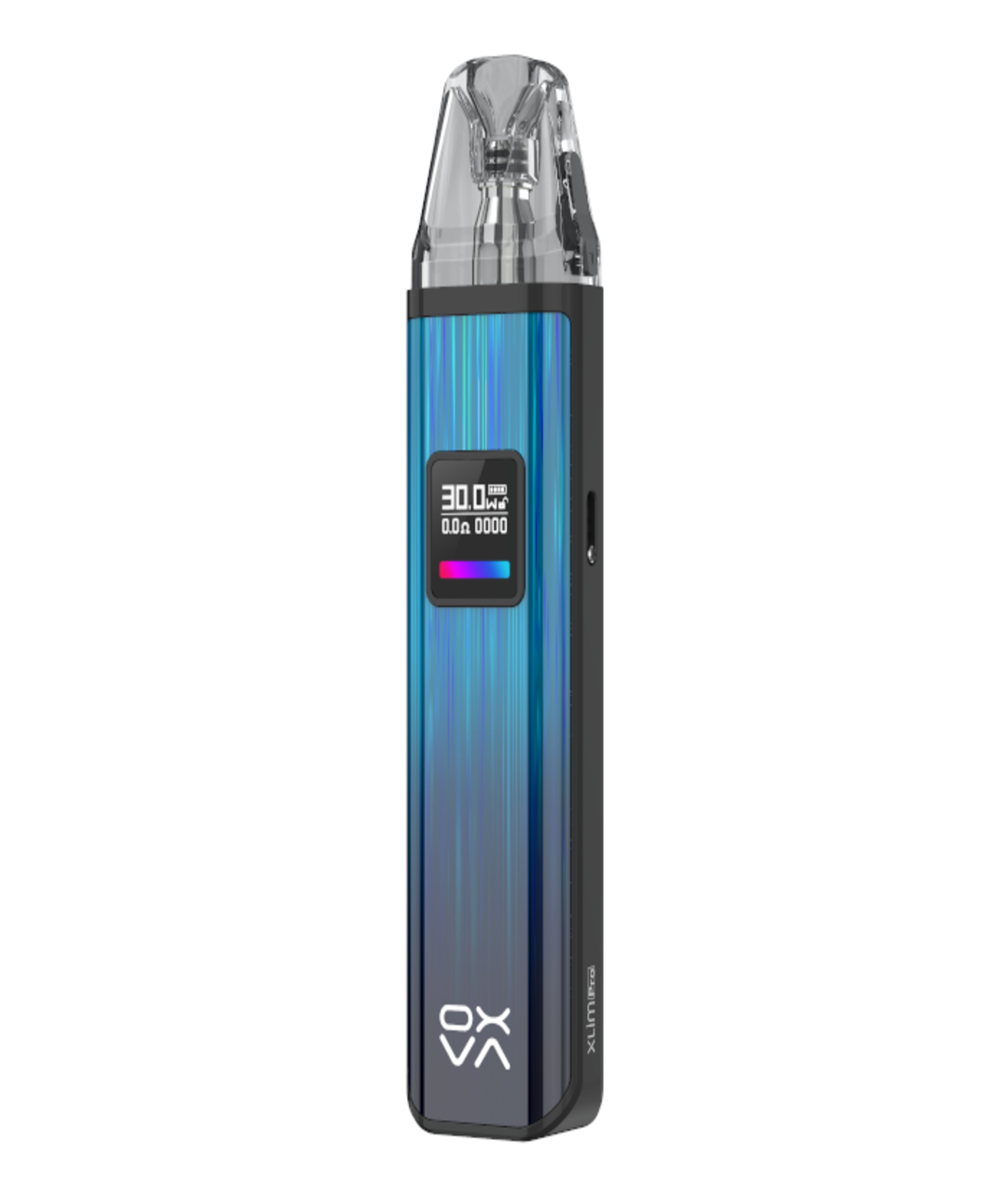 An image of a sleek Oxva Xlim Pro Pod Kit with a transparent tip and a clear display showing battery life and settings. The body is metallic blue with a horizontal striped design.