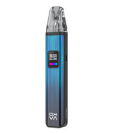 An image of a sleek Oxva Xlim Pro Pod Kit with a transparent tip and a clear display showing battery life and settings. The body is metallic blue with a horizontal striped design.