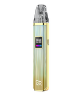 A Oxva Xlim Pro Pod Kit with a clear mouthpiece, displaying its settings on a digital screen, and featuring adjustable airflow, encased in a holographic and gold body.