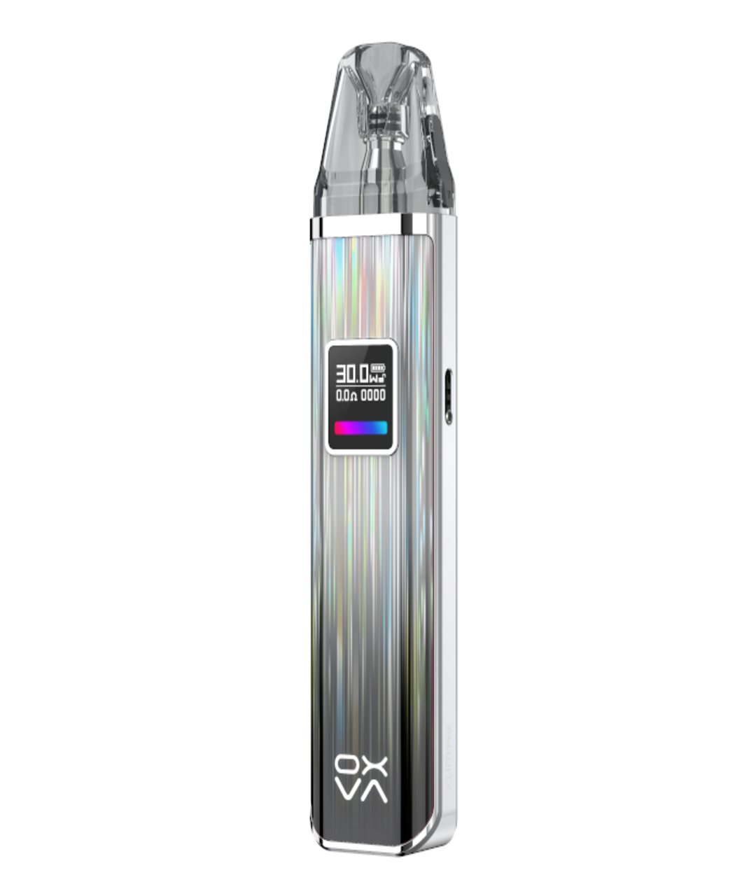 A Oxva Xlim Pro Pod Kit with a holographic finish and a transparent, flip-top mouthpiece. The front panel displays a digital readout showing battery level and settings, complete with.