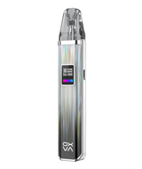 A Oxva Xlim Pro Pod Kit with a holographic finish and a transparent, flip-top mouthpiece. The front panel displays a digital readout showing battery level and settings, complete with.