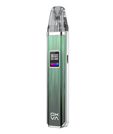 A modern Oxva Xlim Pro Pod Kit with a digital display showing battery life and settings, featuring a sleek, metallic and transparent design with adjustable airflow.