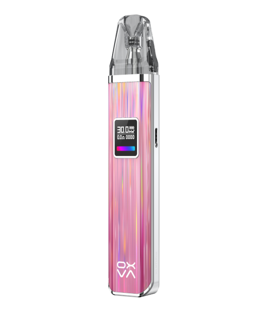 An Oxva Xlim Pro Pod Kit with a digital display showing battery level and wattage, featuring a transparent mouthpiece and a metallic body with pink and yellow streaks, designed for adjustable airflow.